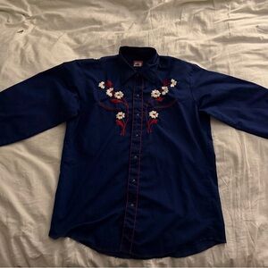 Navy Western-Style Button-Down Shirt with Floral Embroidery
